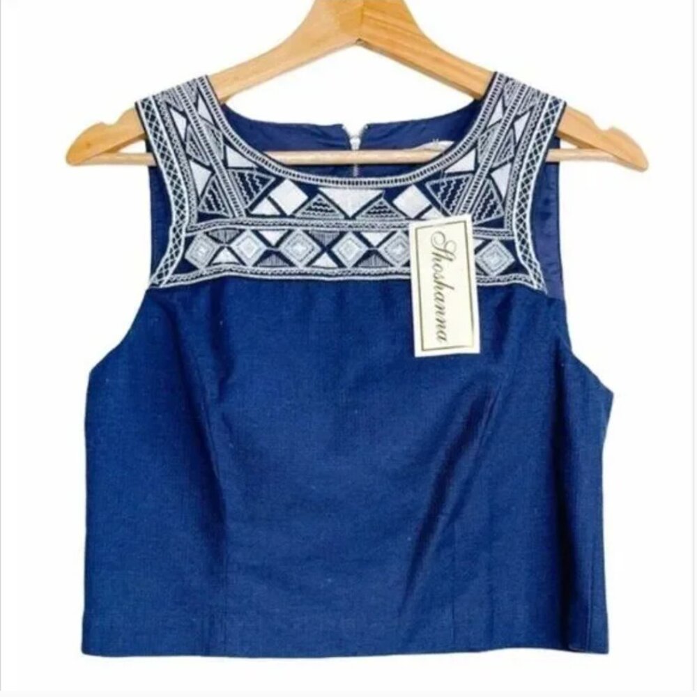 Shoshanna Embroidered Geometric Sleeveless Crop Top - Blue, Size 2